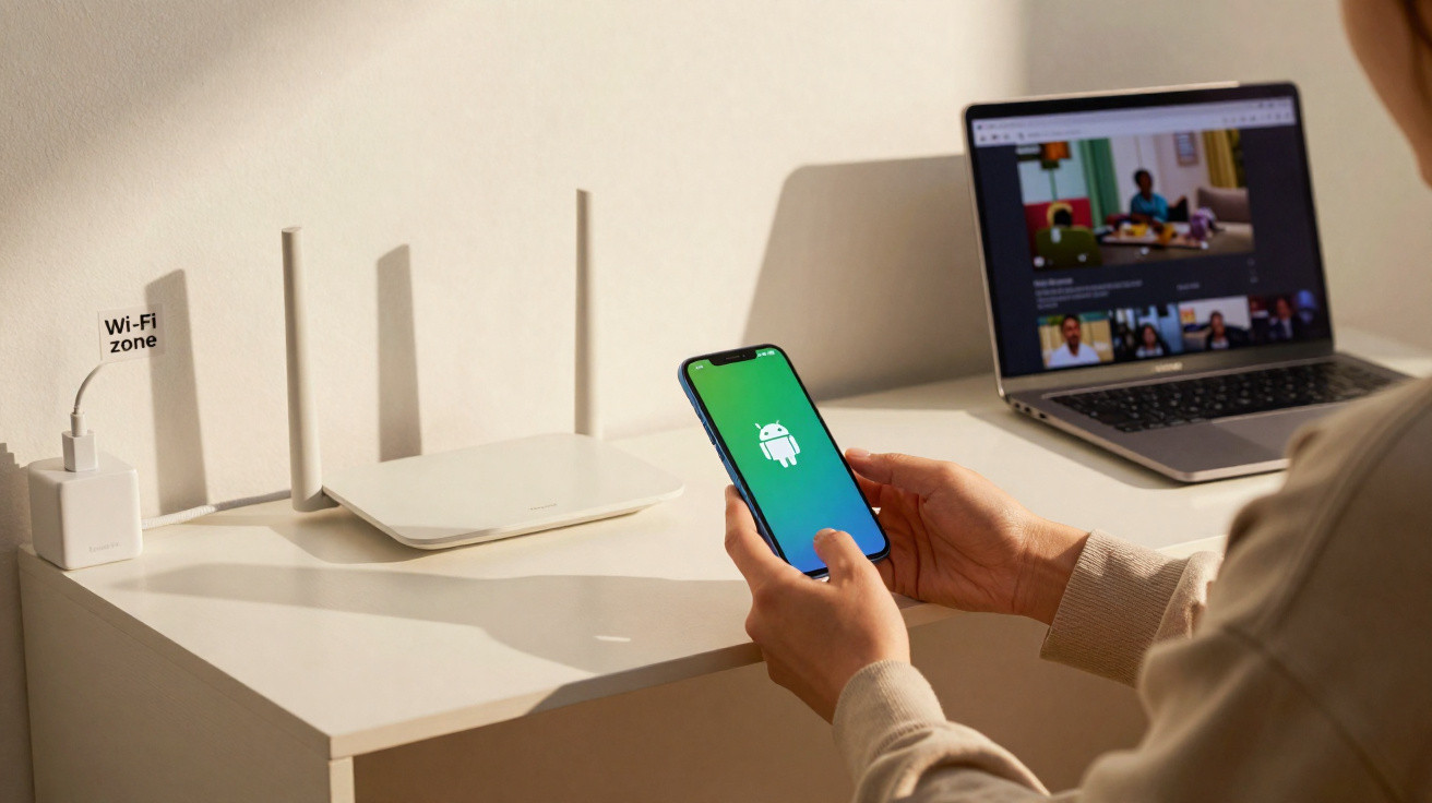 Pessoa segurando smartphone com logo do Android, perto de roteador Wi-Fi e notebook em mesa branca.