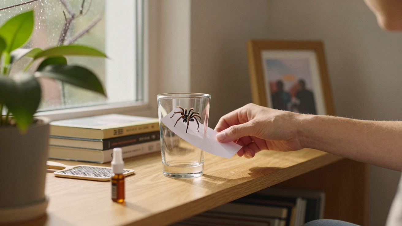 Mão prendendo uma aranha em um copo de vidro com uma folha de papel sobre uma mesa de madeira.