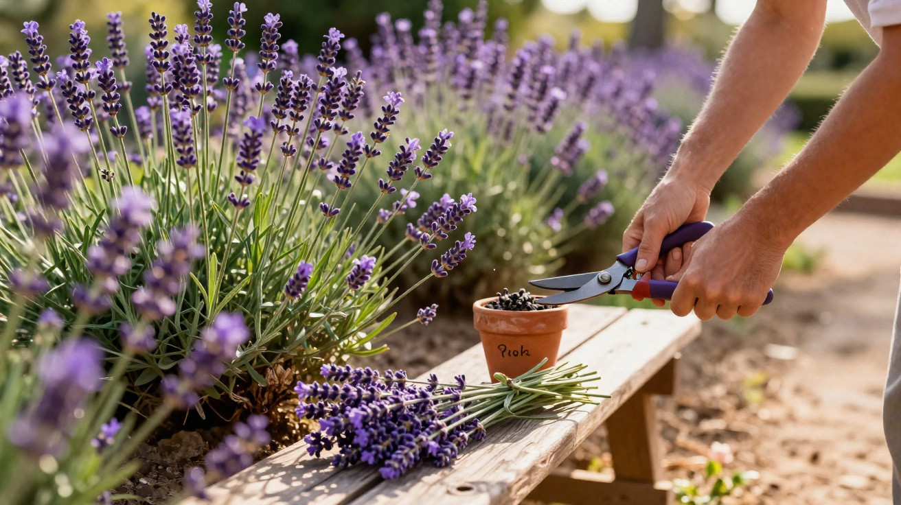 Pessoa colhendo flores de lavanda com tesoura perto de vasos e banco de madeira ao ar livre.