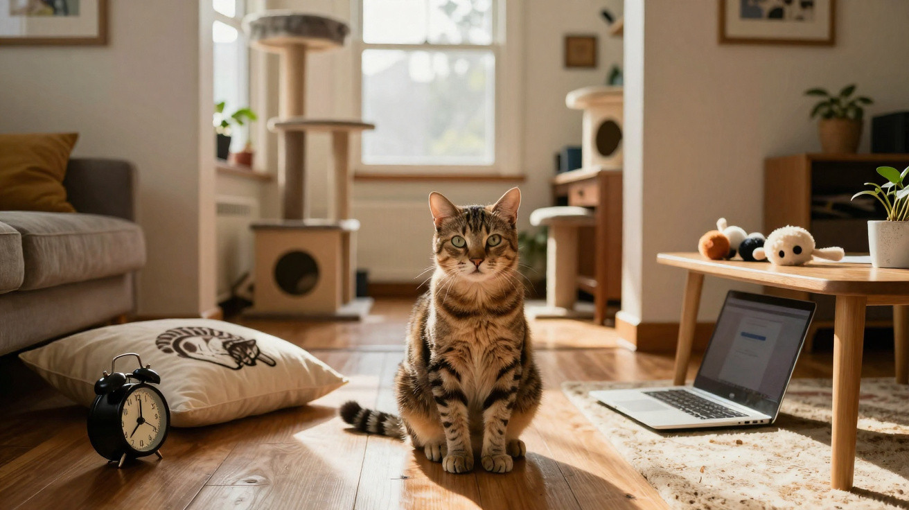 Gato listrado sentado em sala iluminada, com laptop aberto, almofada, relógio e móveis ao redor.