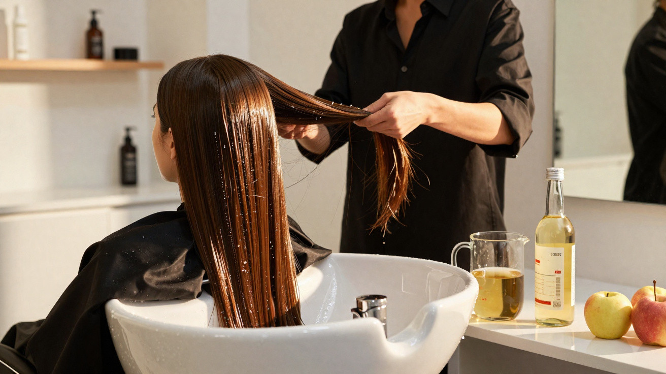 Profissional cuidando do cabelo molhado de uma mulher em salão de beleza, ao lado de maçãs e uma jarra.