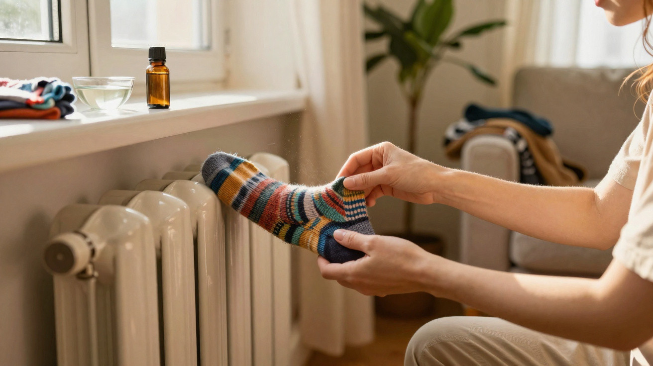 Pessoa aquecendo meias coloridas em um radiador branco próximo à janela em ambiente aconchegante.