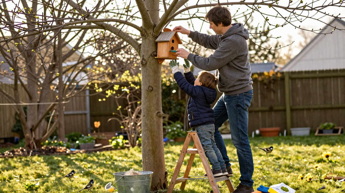 Pai e filho instalando uma casinha de pássaros em uma árvore no quintal ensolarado.