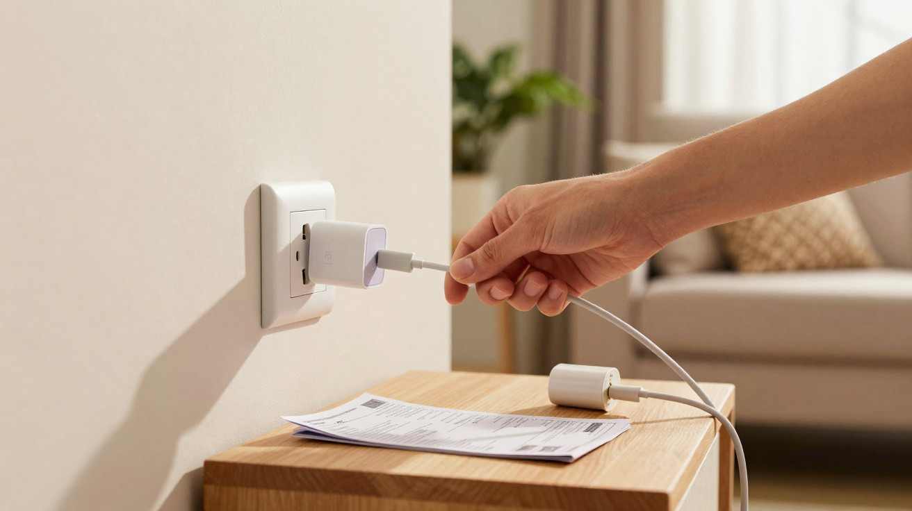 Pessoa conectando cabo USB em carregador de tomada na parede em ambiente residencial.