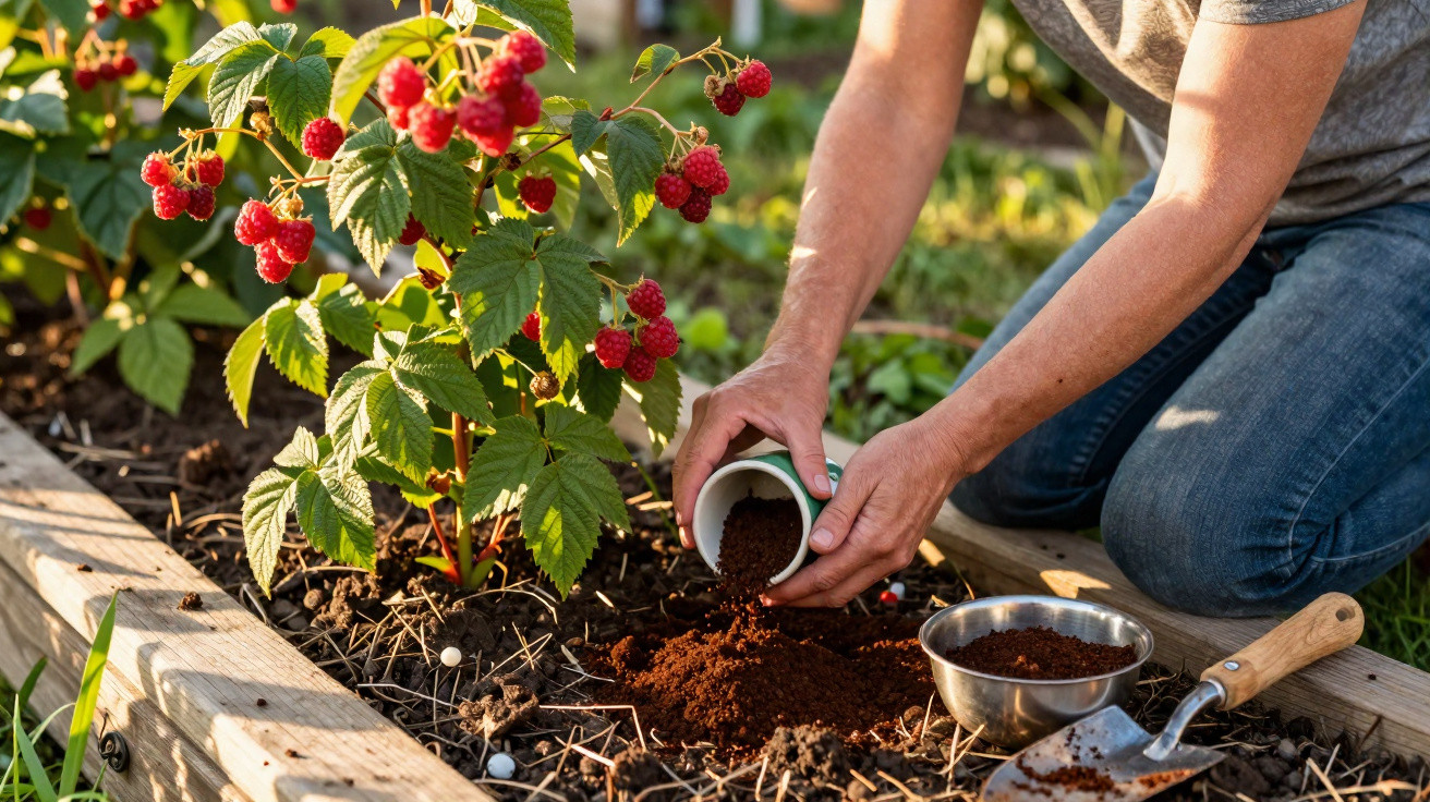 Pessoa aplicando composto orgânico no solo ao lado de planta com frutas vermelhas em jardim suspenso.
