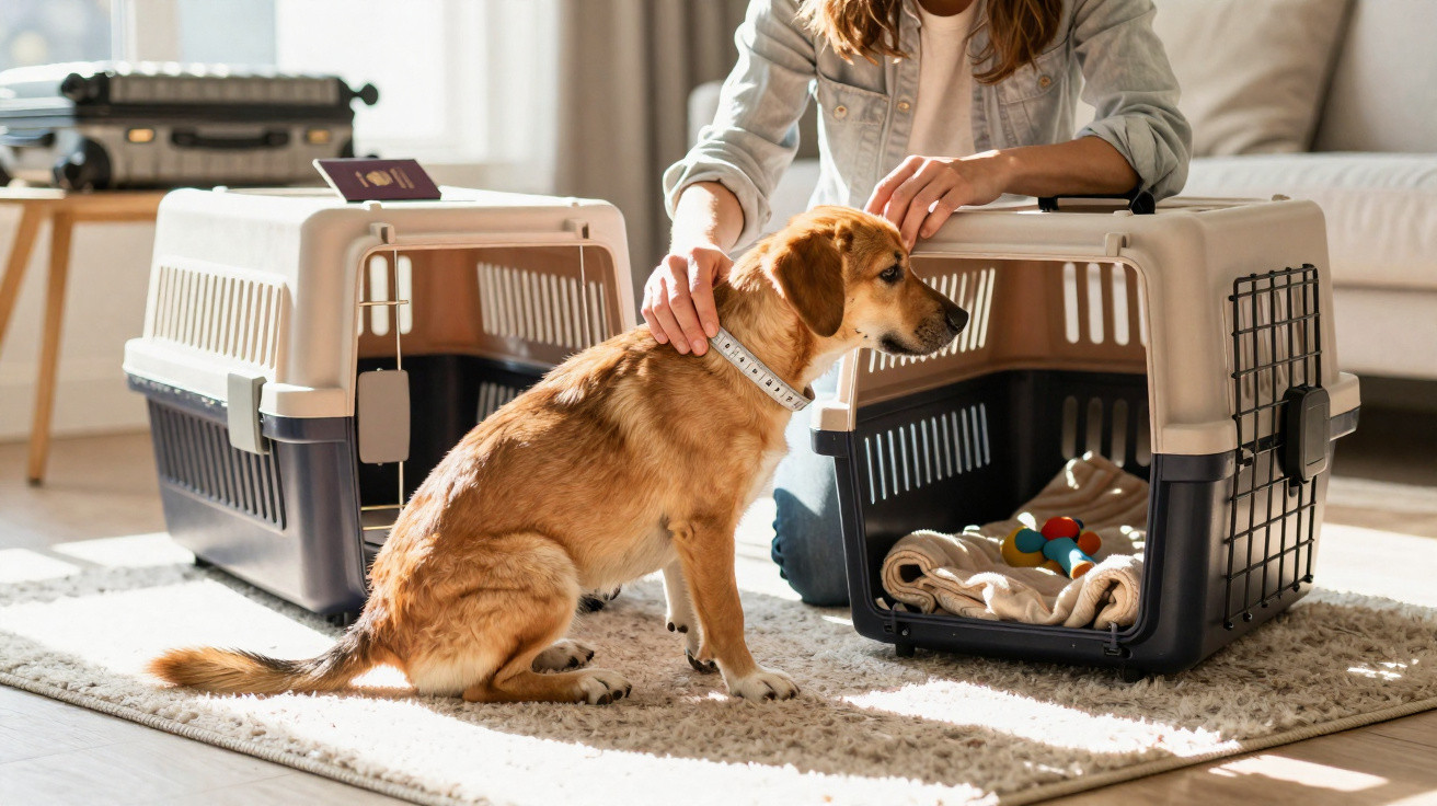 Mulher acaricia cachorro próximo a caixas de transporte para pets em sala iluminada.