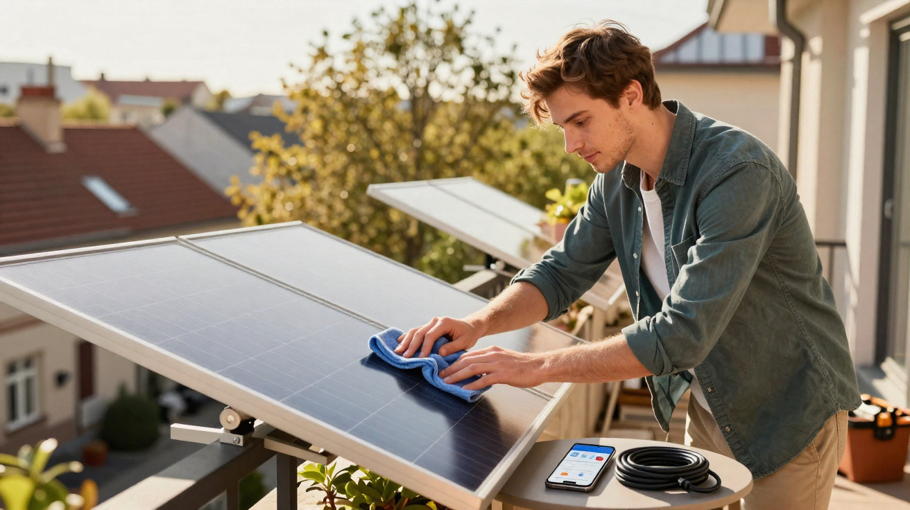 Homem limpando painel solar com pano azul em varanda residencial ensolarada.