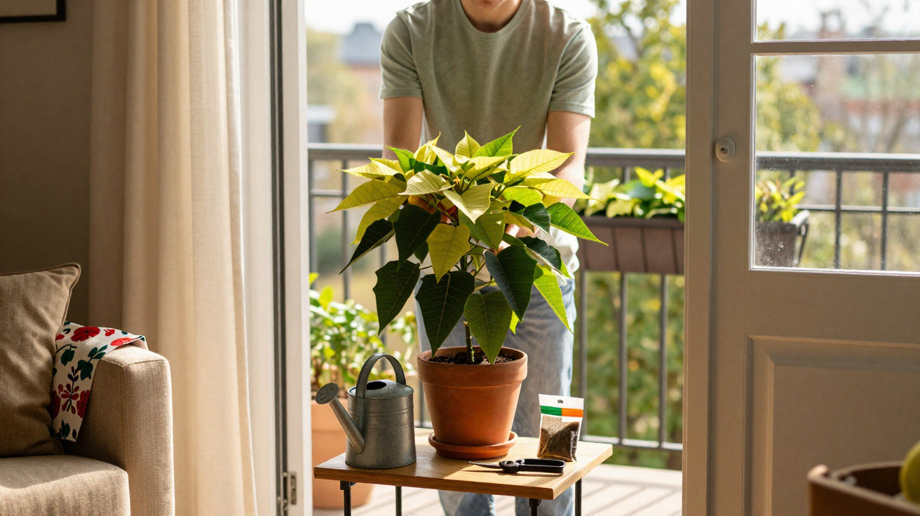 Pessoa cuidando de planta em vaso de barro sobre mesa em varanda com regador e sementes.