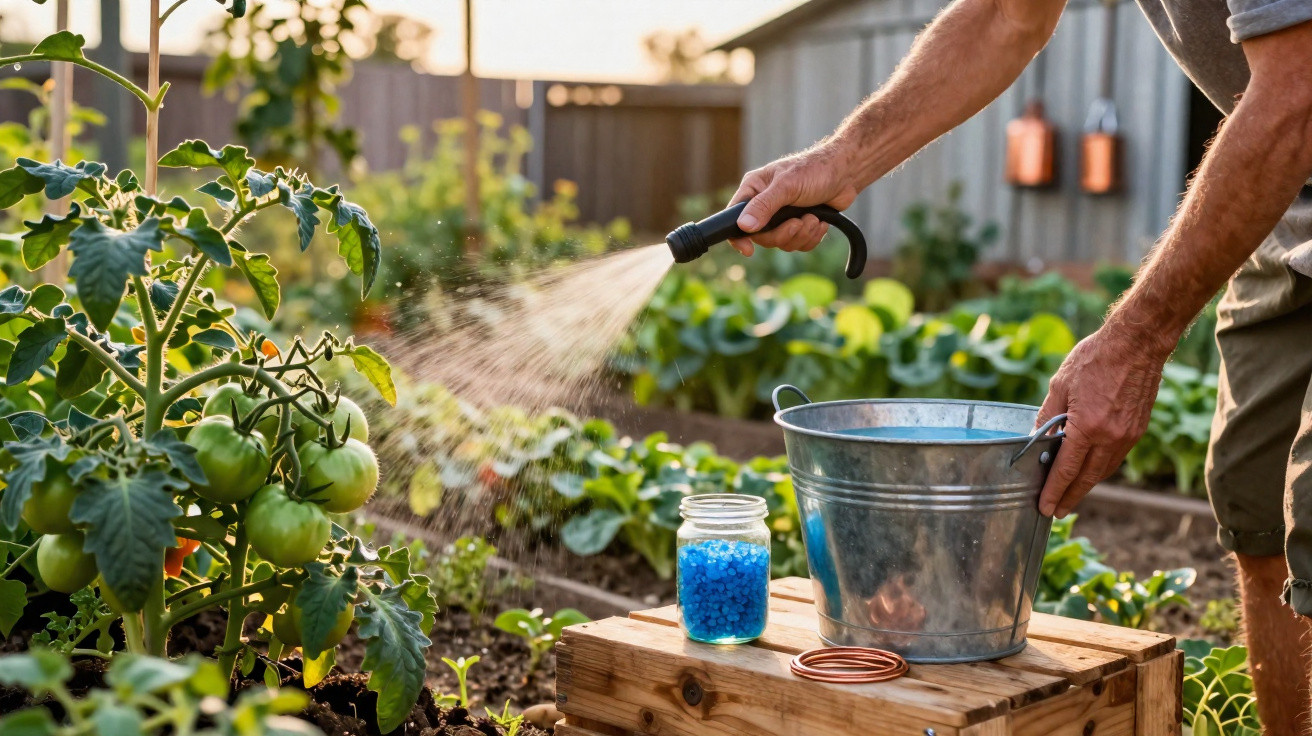 Pessoa regando plantas de tomate em um jardim usando regador com pulverizador e balde metálico.