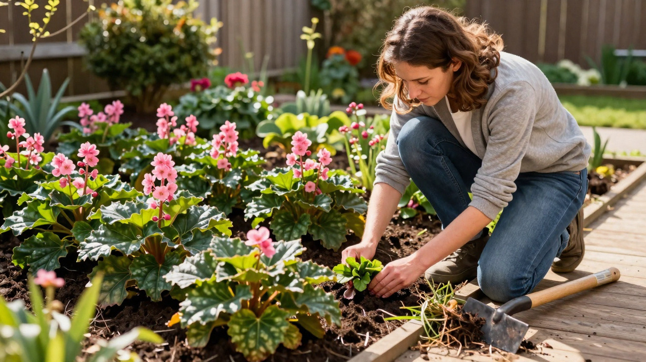 Mulher cuidando de flores cor-de-rosa em um jardim ao ar livre em dia ensolarado.