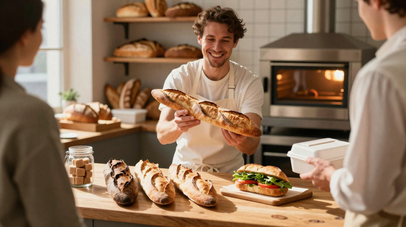 Padeiro sorridente entregando pão baguete para clientes em uma padaria acolhedora e iluminada.