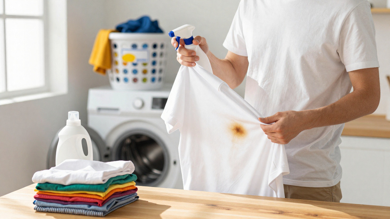 Pessoa segurando camiseta branca com mancha e spray removedor em lavanderia doméstica.