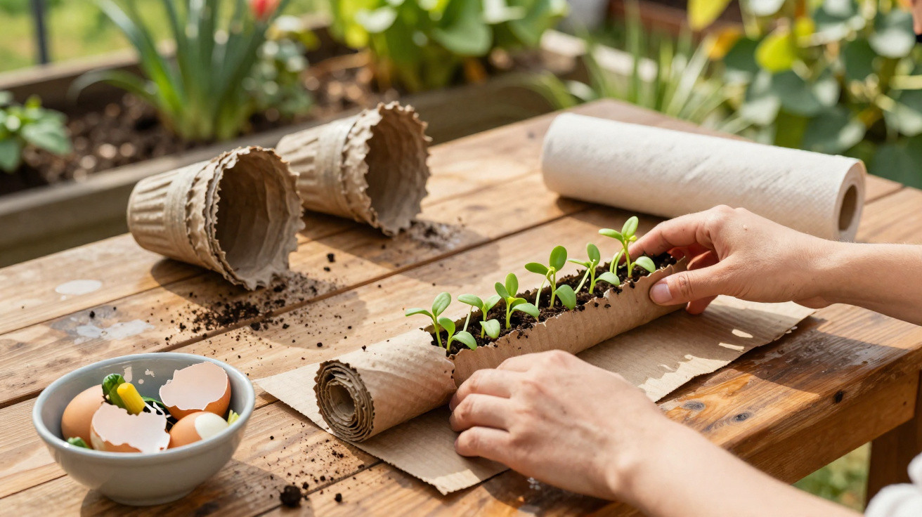 Mãos cuidando de mudas em papel biodegradável numa mesa de madeira com cascas de ovos e vasos vazios.