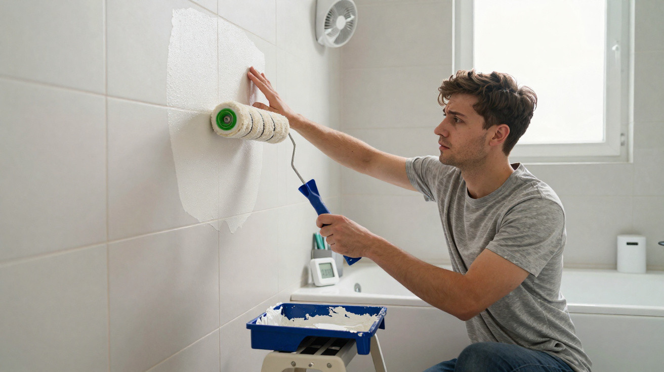 Homem pintando parede branca de azulejos com rolo, em banheiro iluminado por janela.