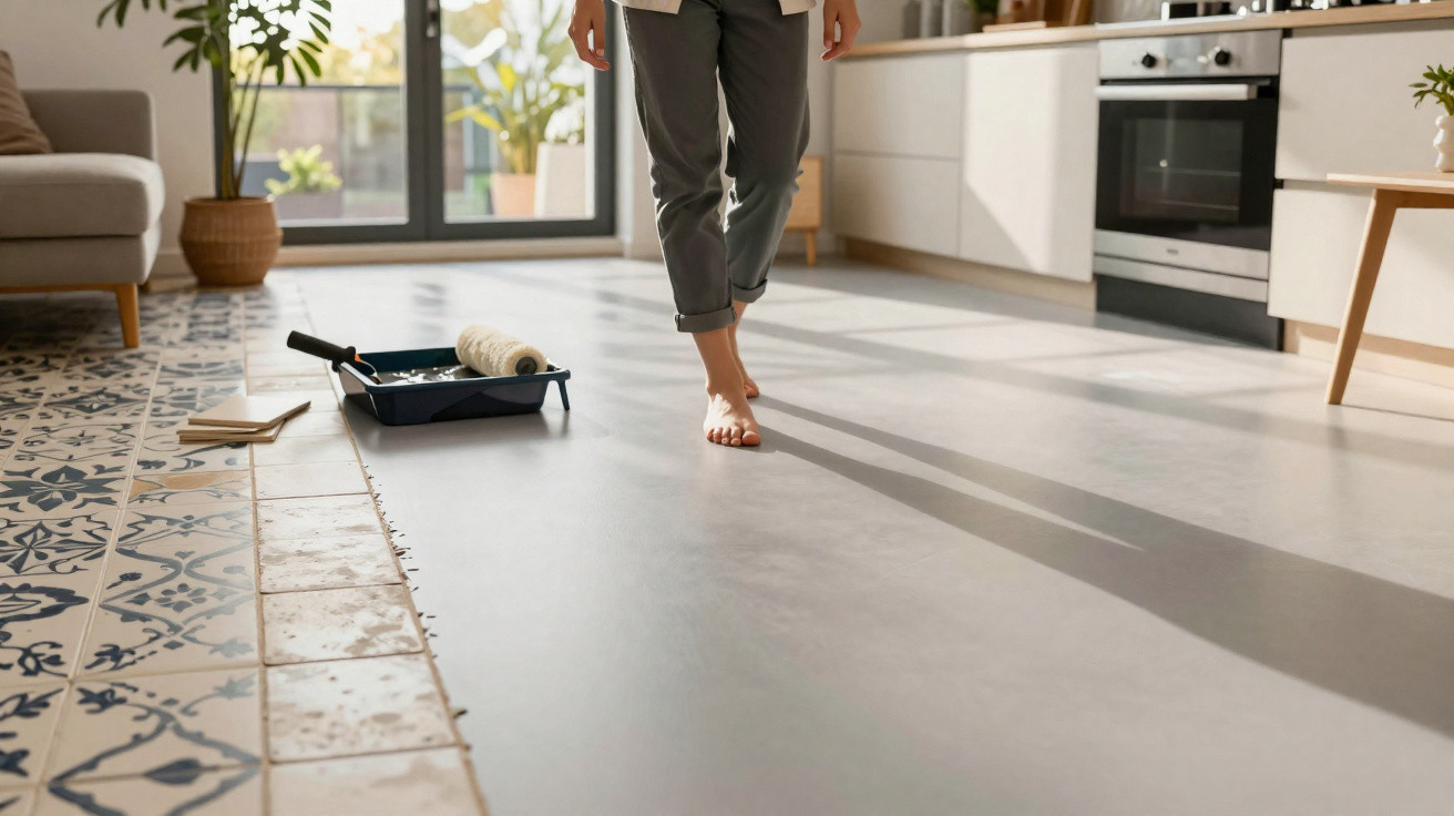 Pessoa descalça caminhando em cozinha moderna com piso claro, tinta e pincel no chão próximo ao sofá.