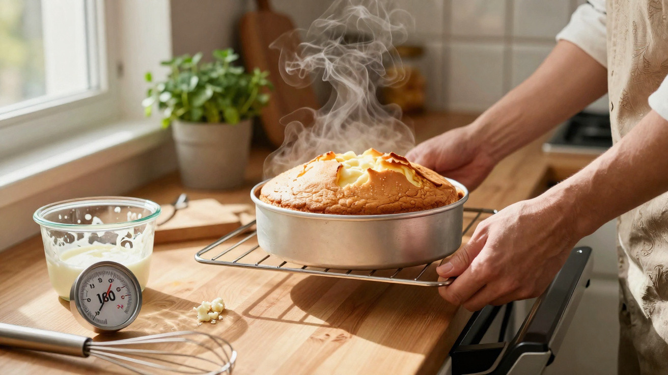 Pessoa retirando bolo quente recém-assado do forno em forma redonda na cozinha iluminada.