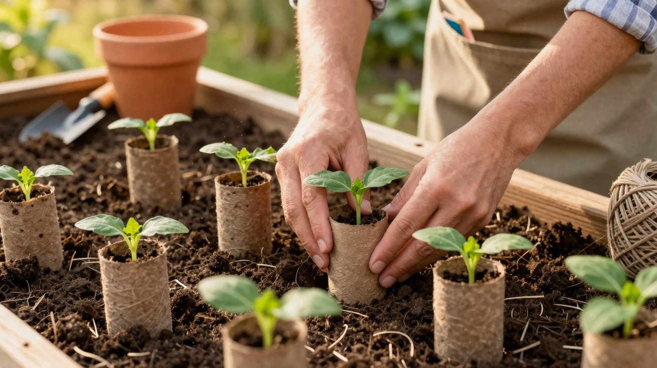 Mãos plantando mudas em embalagens biodegradáveis em um canteiro de madeira com terra fértil.