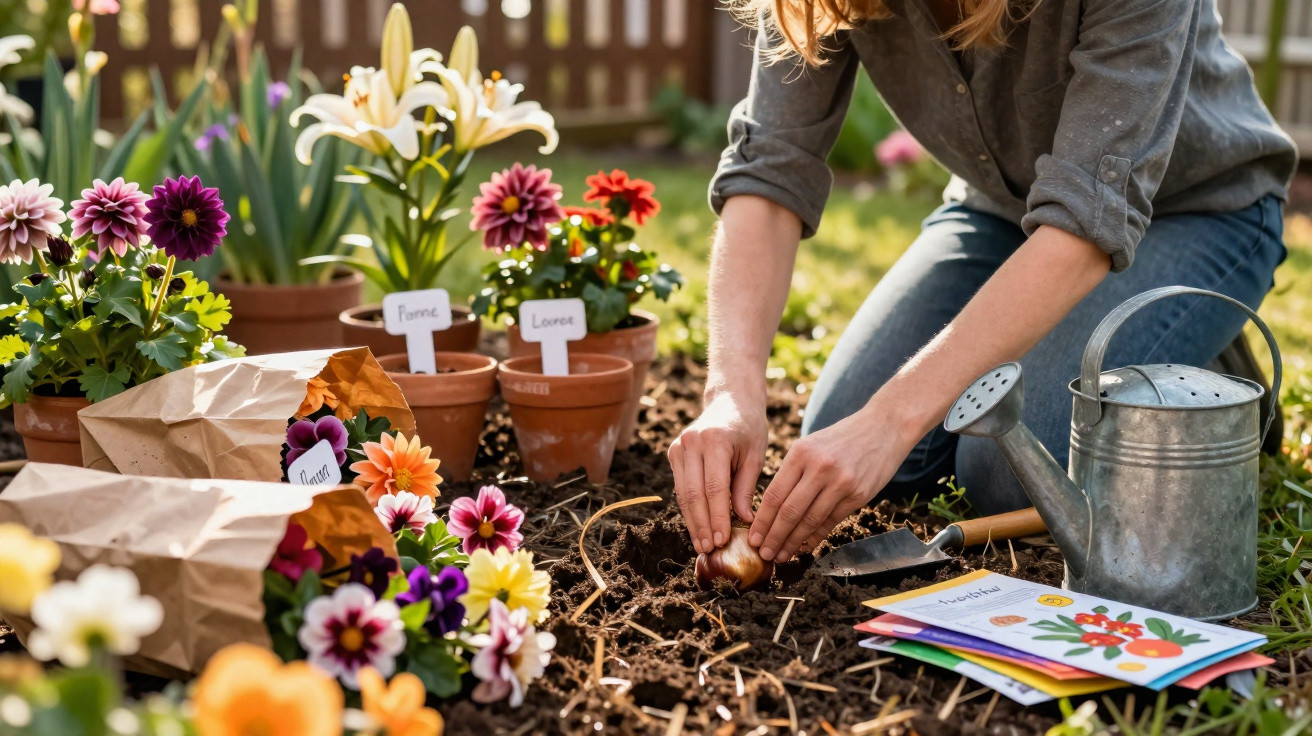 Pessoa plantando bulbos de flores em jardim com regador, vasos e pacotes de sementes coloridos.