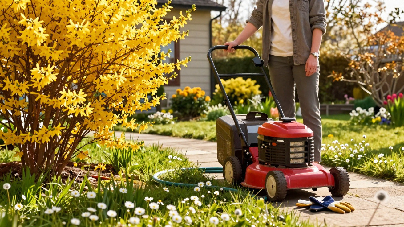 Pessoa empurrando cortador de grama vermelho em jardim com flores e árvore amarela.