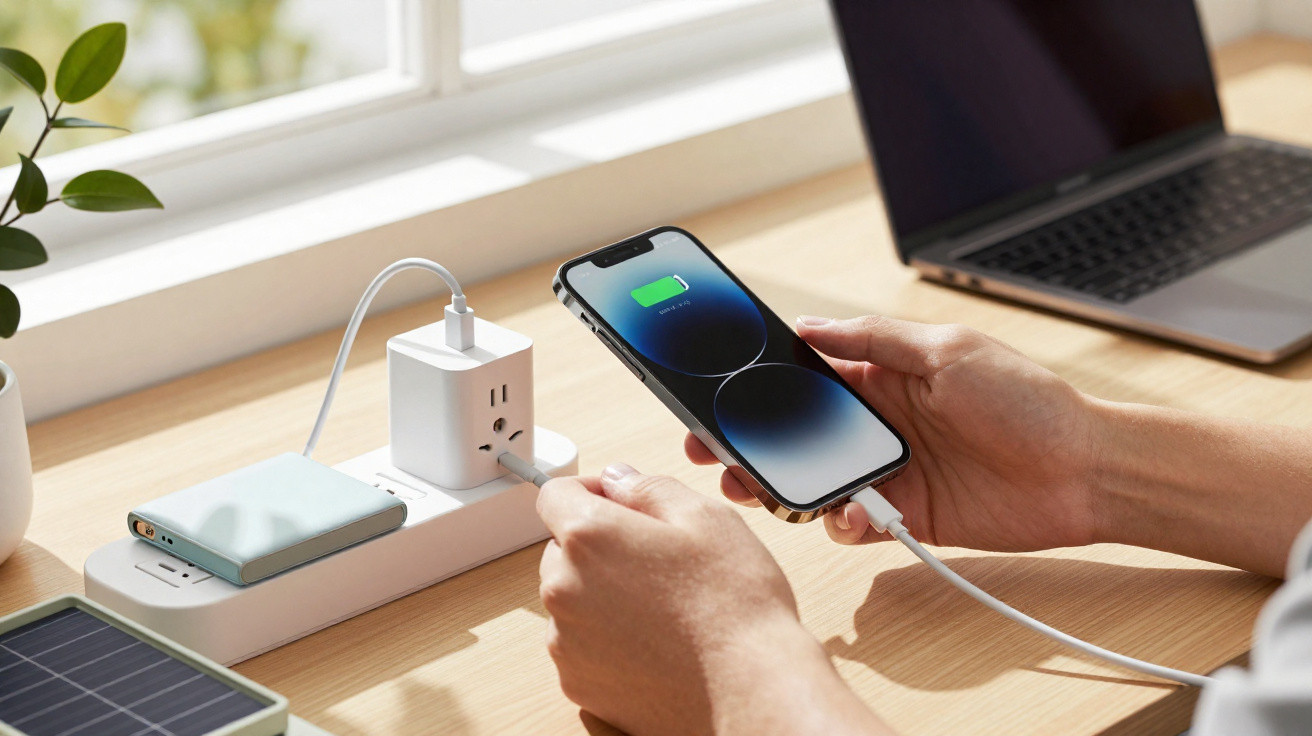 Pessoa conectando smartphone para carregar em régua de energia na mesa com laptop ao fundo.