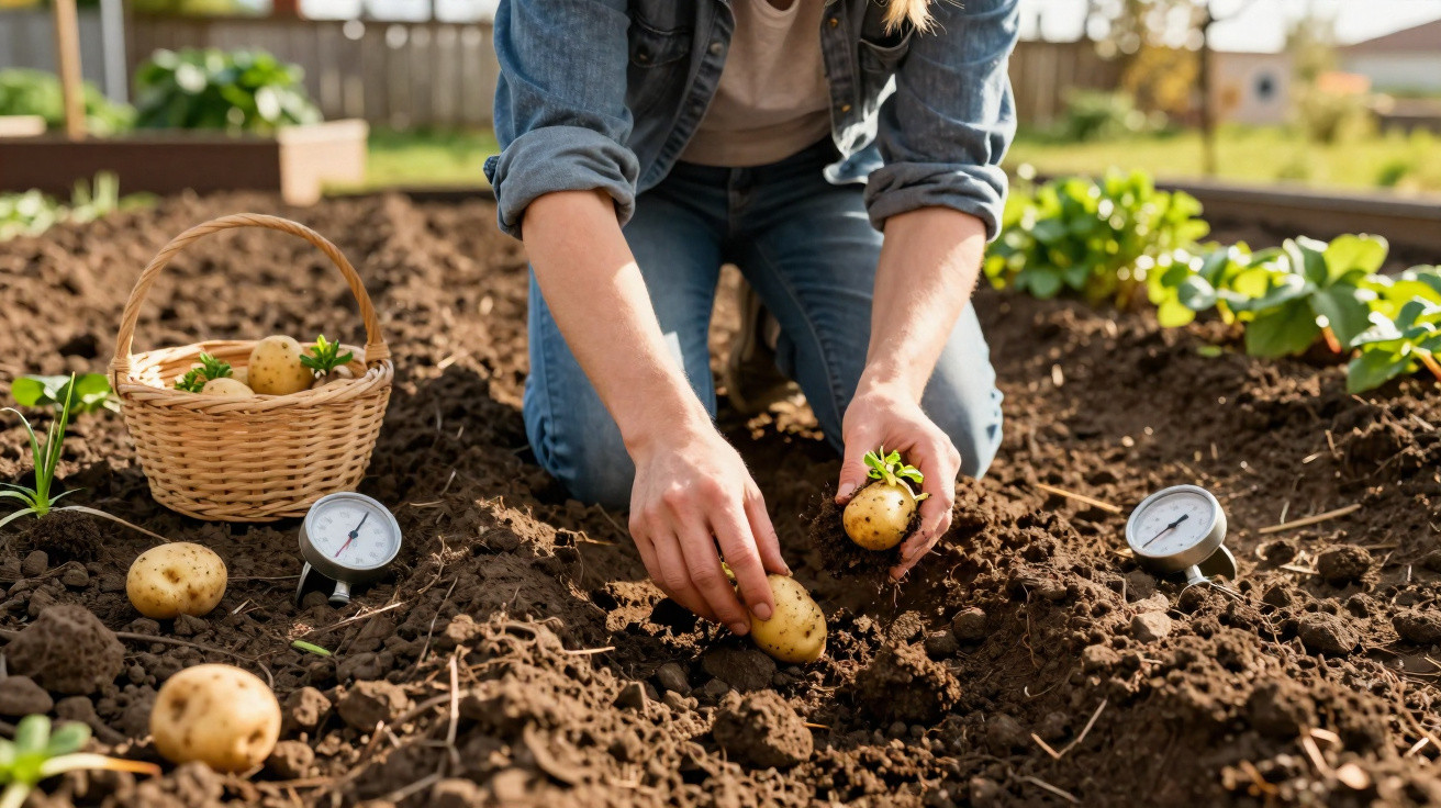 Pessoa plantando batatas em solo fértil ao ar livre com cesta de colheita ao lado.