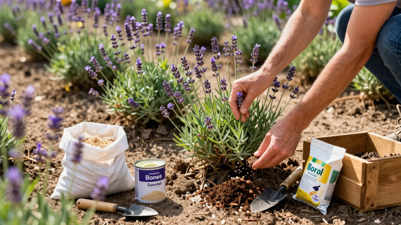Pessoa cuidando de planta de lavanda, com fertilizantes e ferramentas de jardinagem ao redor.