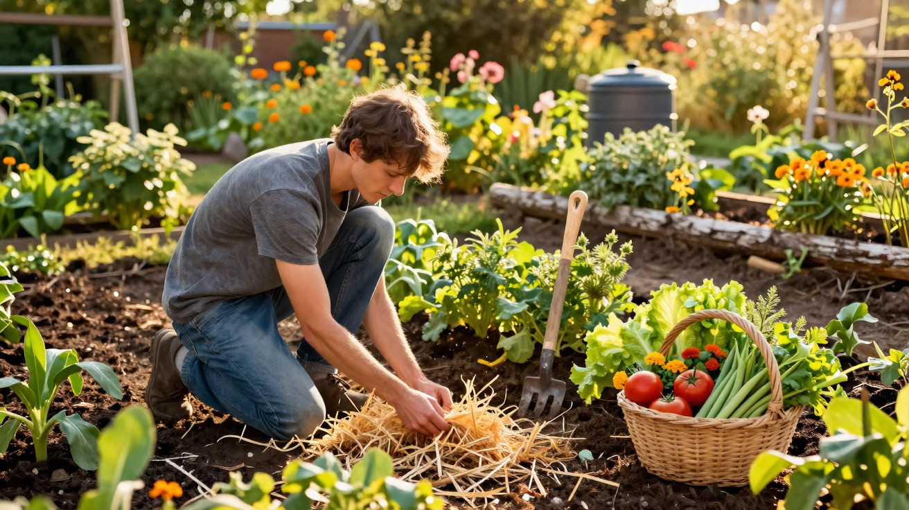 Homem ajoelhado cuidando de plantas em horta com cesta de vegetais frescos ao lado, em dia ensolarado.