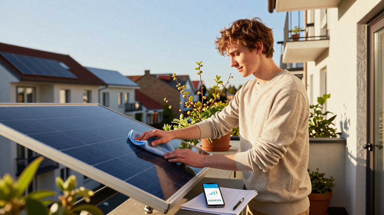 Jovem limpa painel solar em varanda, com celular e caderno ao lado, em ambiente residencial.