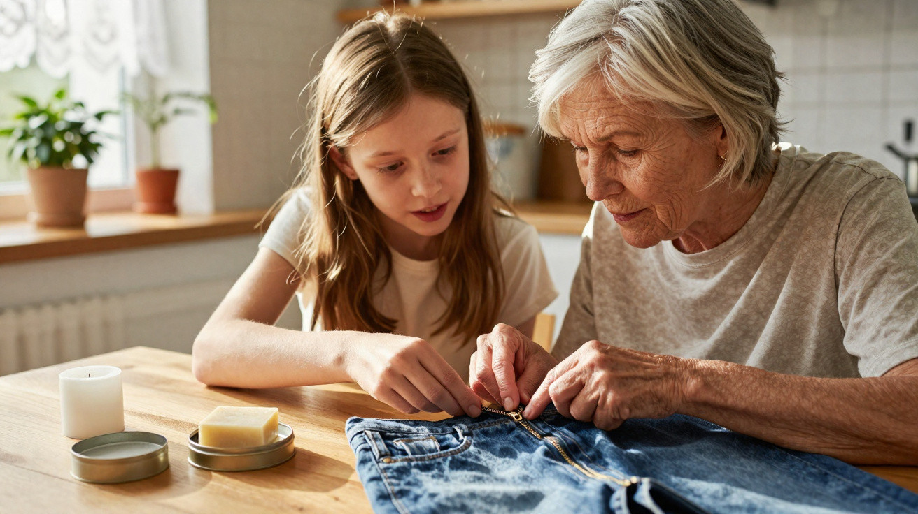 Mulher idosa e menina costurando juntos uma calça jeans em uma mesa de madeira iluminada.
