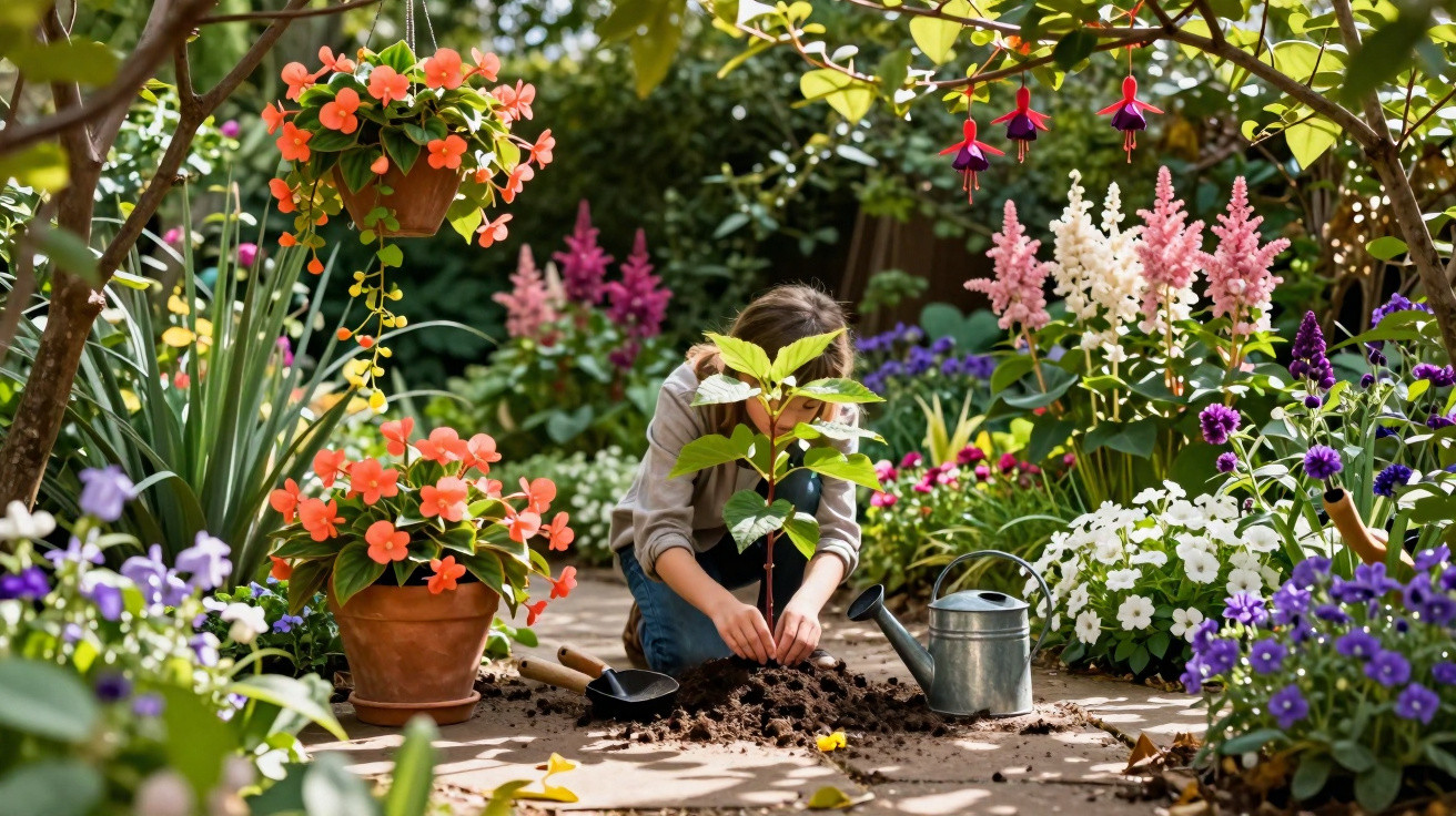 Criança plantando muda em jardim florido com regador e flores coloridas ao redor durante o dia.