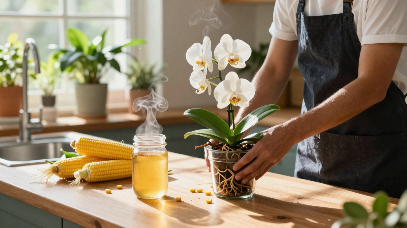 Pessoa segurando orquídea branca em vaso de vidro em mesa de cozinha com espigas de milho e jarra com chá quente.