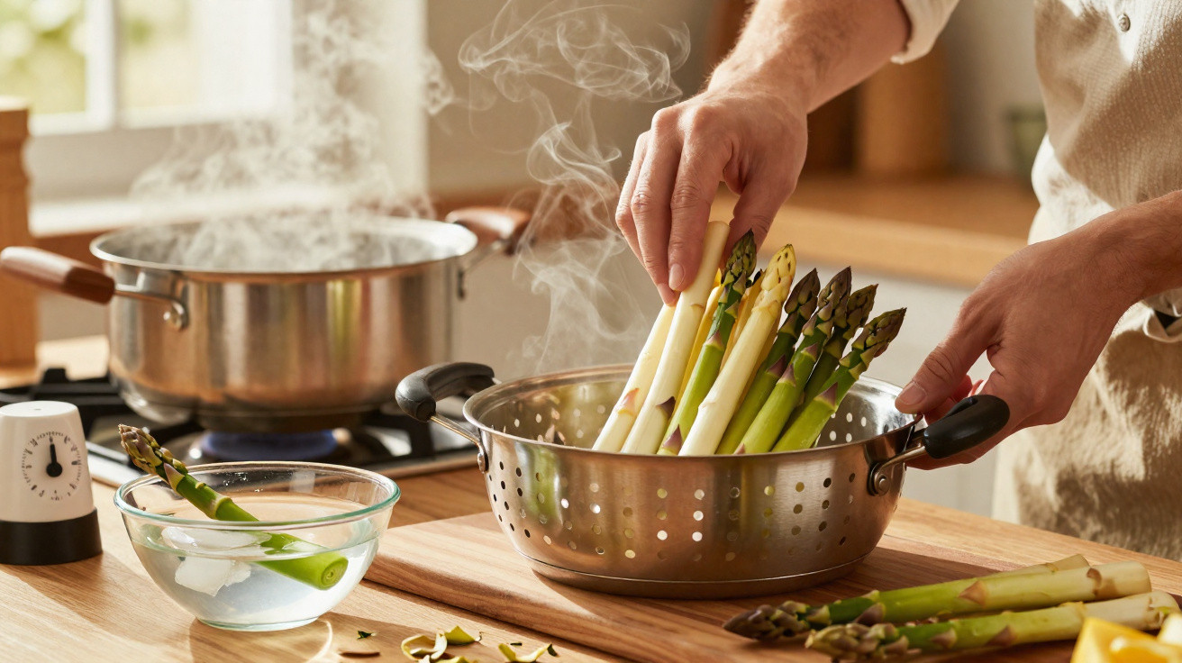 Pessoas preparando aspargos frescos em uma cozinha com panela e vapor ao fundo.