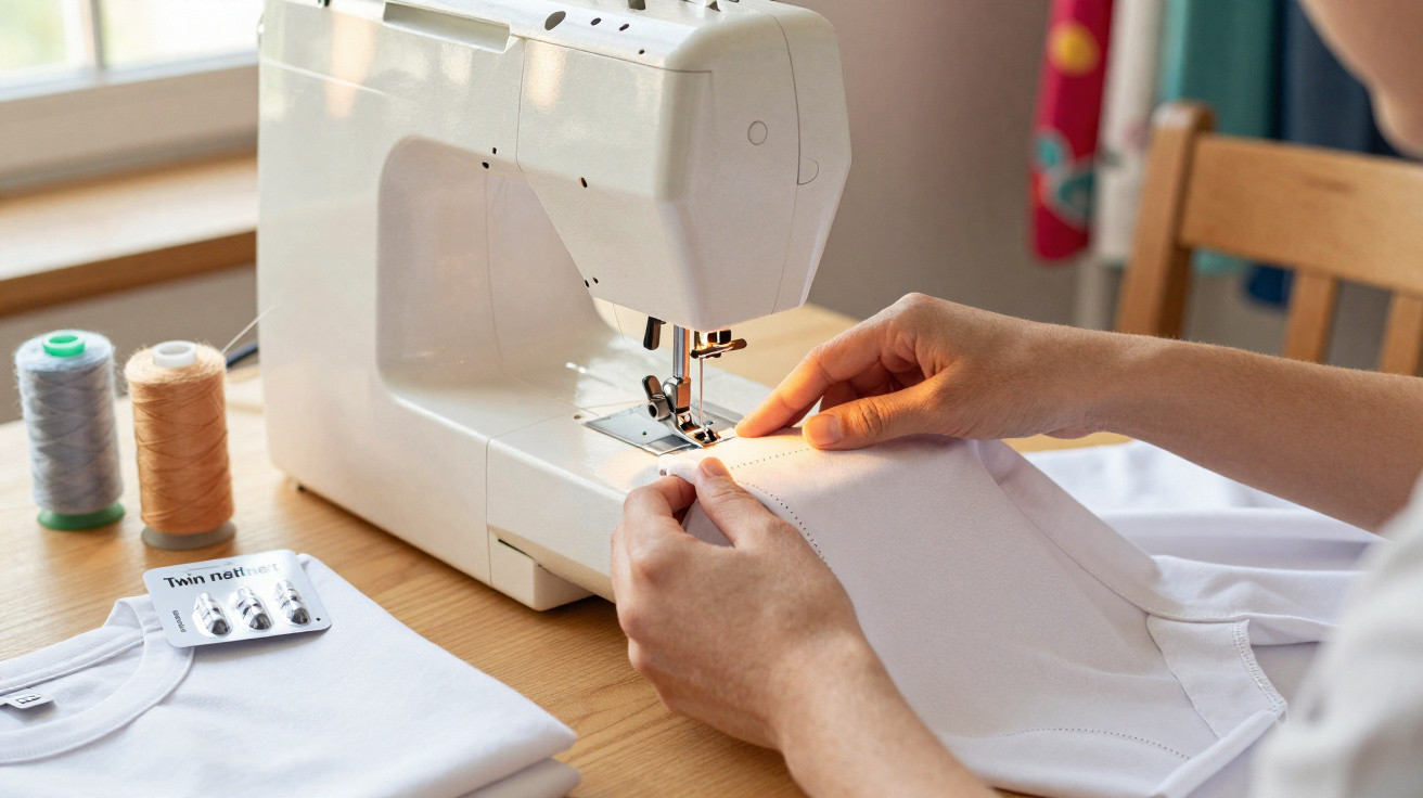 Mãos costurando tecido branco em máquina de costura ao lado de linhas e camisetas dobradas.