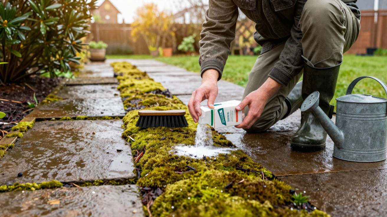 Pessoa aplicando produto químico em musgo entre pedras de um caminho de jardim molhado.