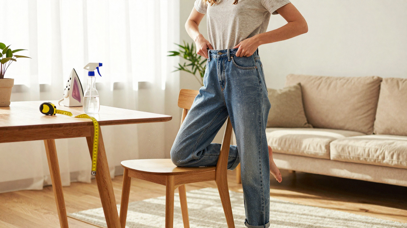Pessoa ajustando calça jeans em sala iluminada com sofá, cadeira de madeira e mesa com ferro e fita métrica.