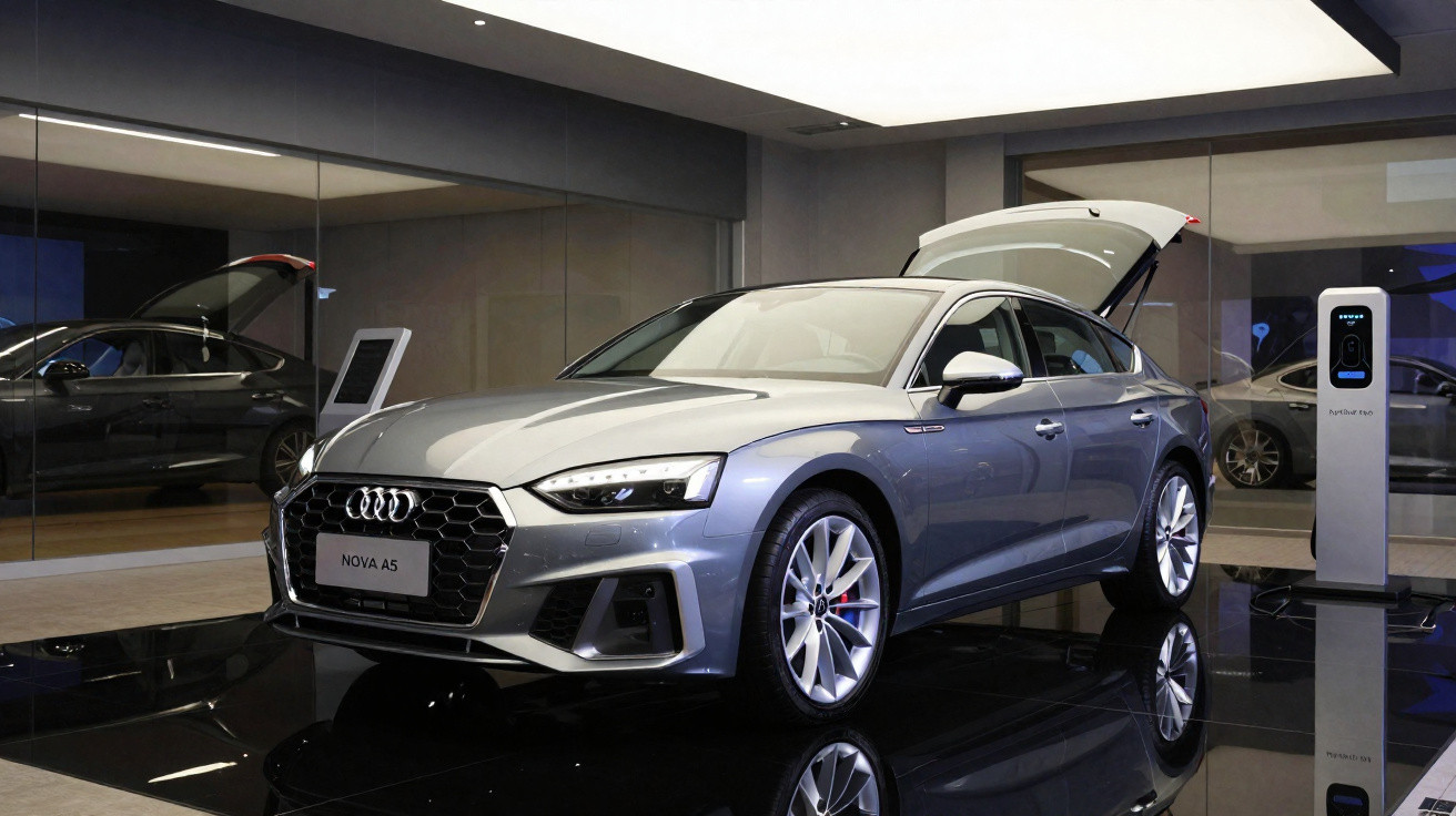 Audi A5 prata exposto em showroom com porta-malas aberto e estação de recarga elétrica ao lado.