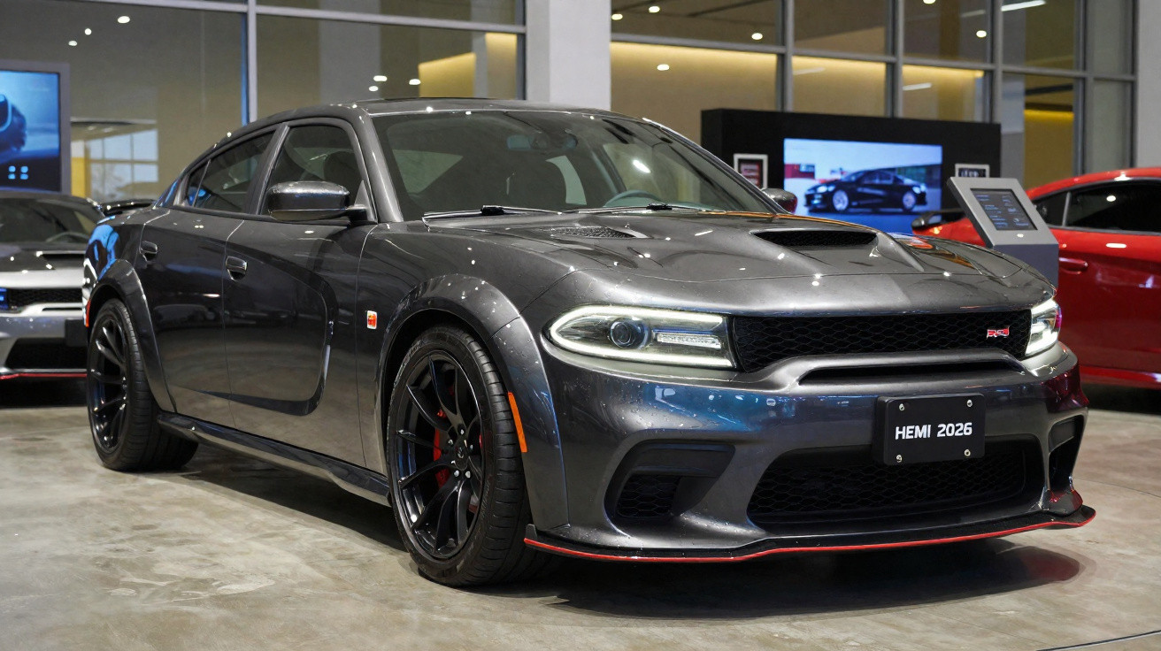 Carro esportivo cinza escuro Dodge Charger HEMI 2026 exibido em showroom iluminado.