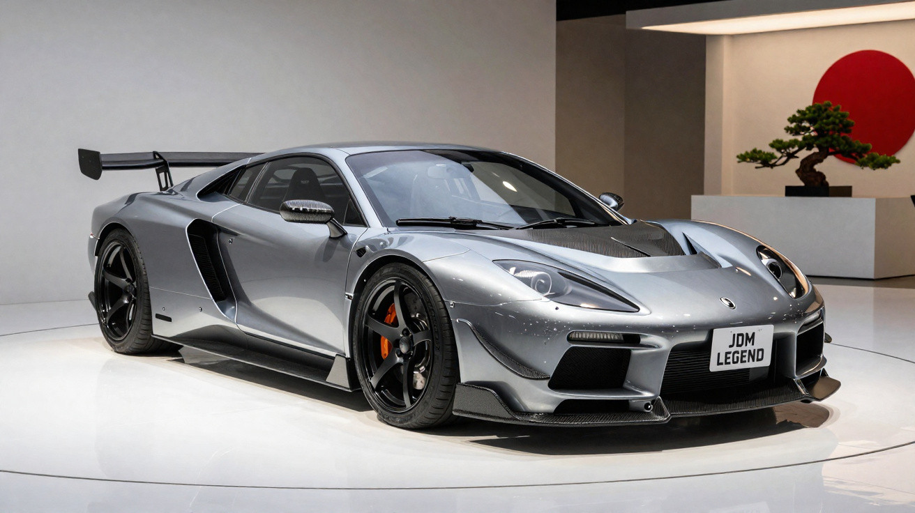 Carro esportivo cinza prateado com design aerodinâmico, rodas pretas e aerofólio traseiro em ambiente moderno.