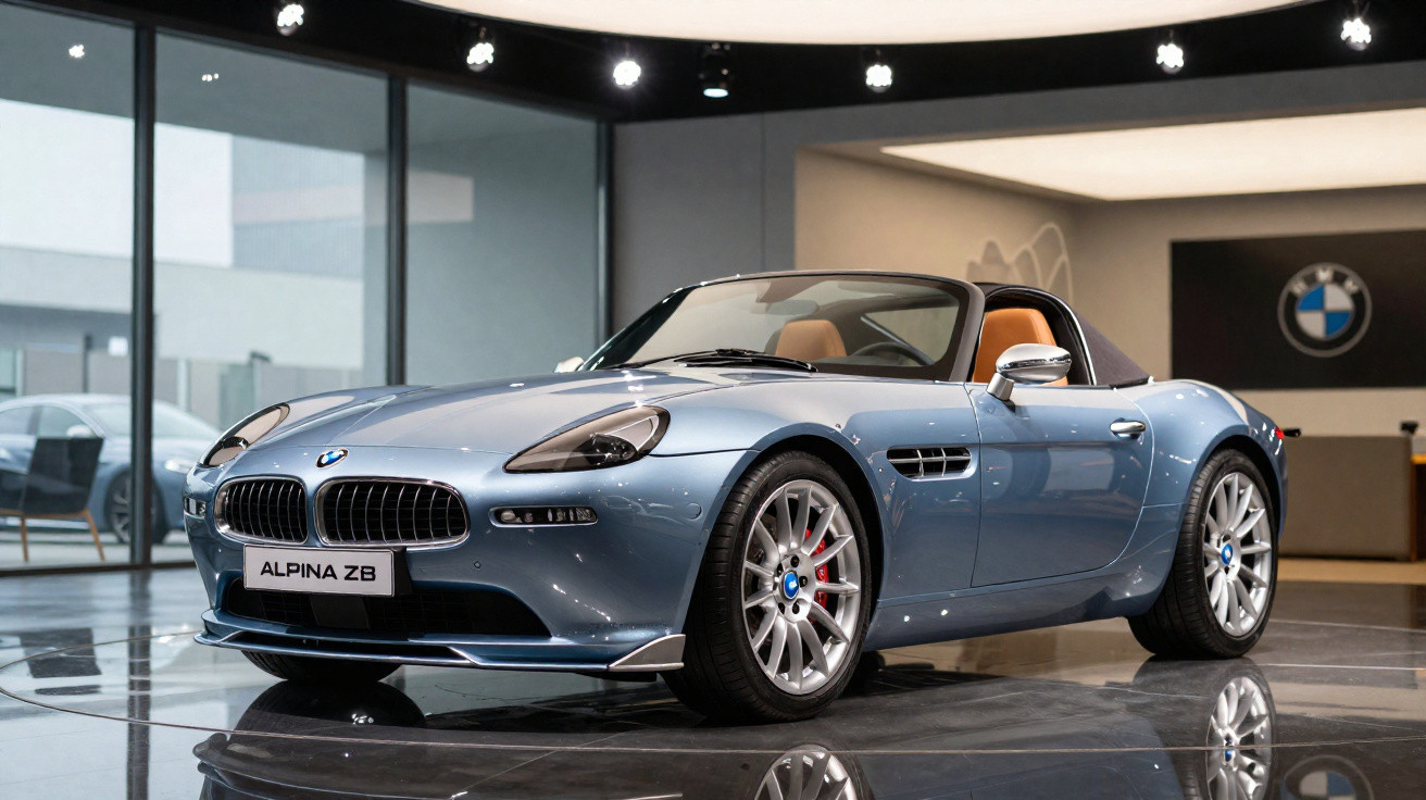 Carro esportivo conversível BMW Alpina Z8 azul em exposição interna com interior bege.
