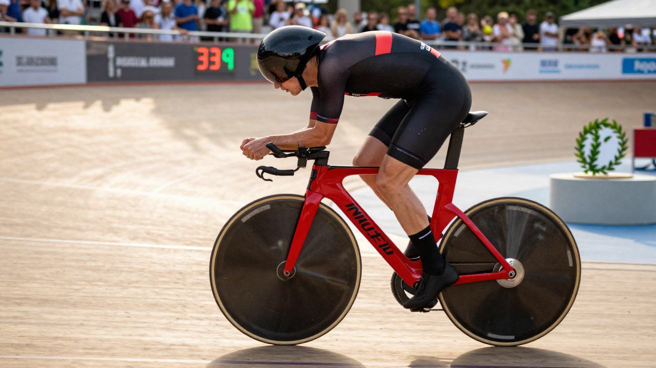 Ciclista em roupa preta e capacete aerodinâmico pedalando em bicicleta vermelha em pista de velódromo.