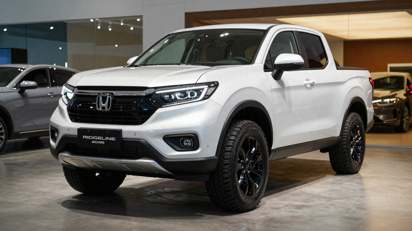 Picape Honda Ridgeline 2023 branca em exposição, vista frontal direita em showroom.
