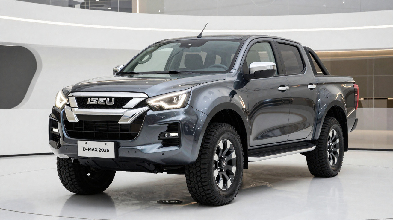 Picape cinza metálica ISEU D-MAX 2026 em exposição, com pneus robustos e design moderno.