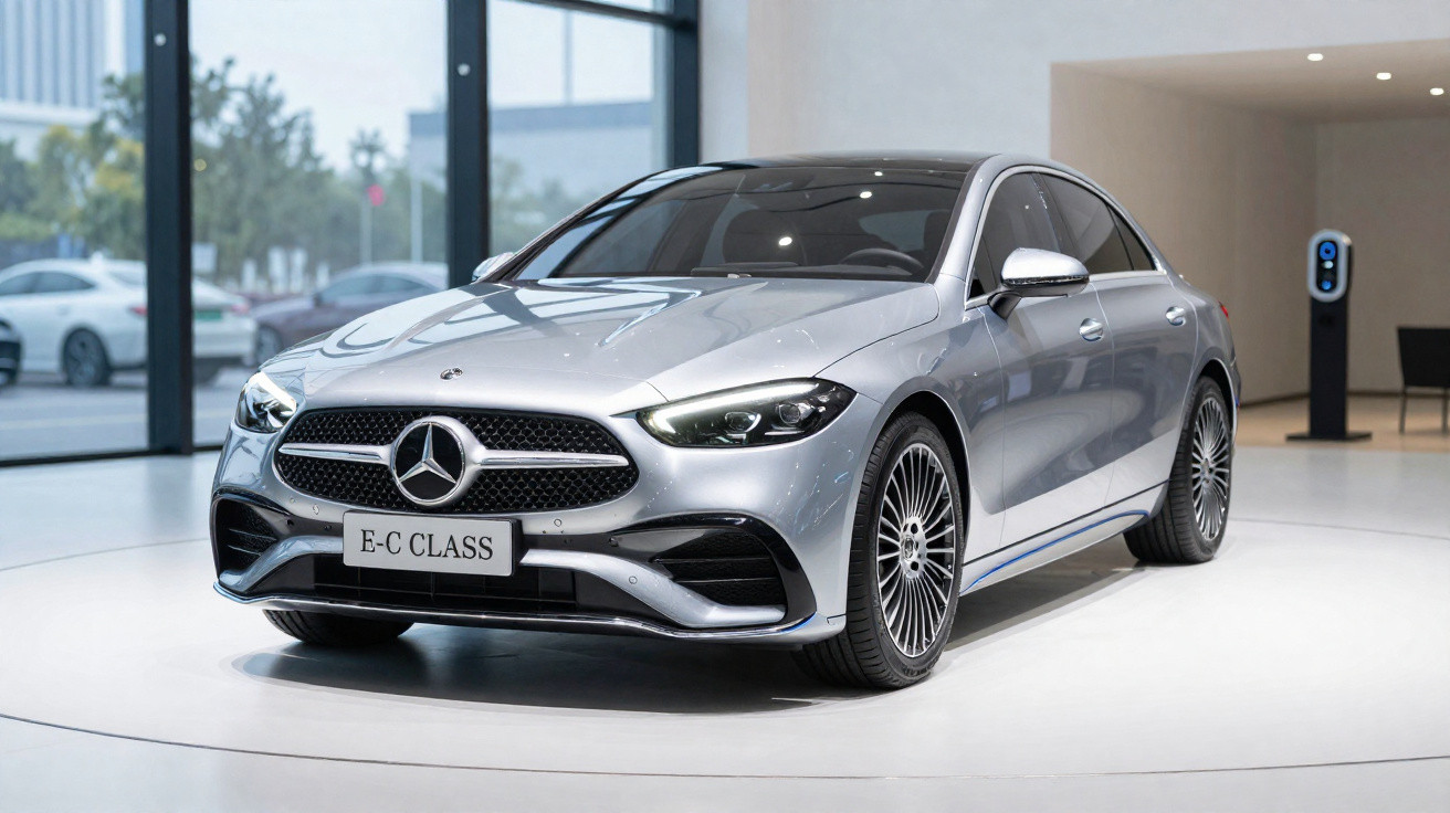 Mercedes-Benz E-Class prata exibido em showroom moderno com piso branco e grandes janelas de vidro.
