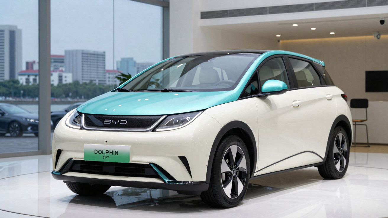 Carro elétrico BYD Dolphin branco com teto azul exposto em salão com janela e edifícios ao fundo.