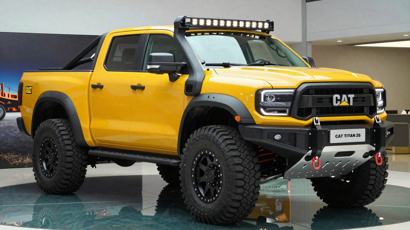 Picape amarela off-road CAT Titan 26 exposta em evento, com pneus grandes e barra de LED no teto.