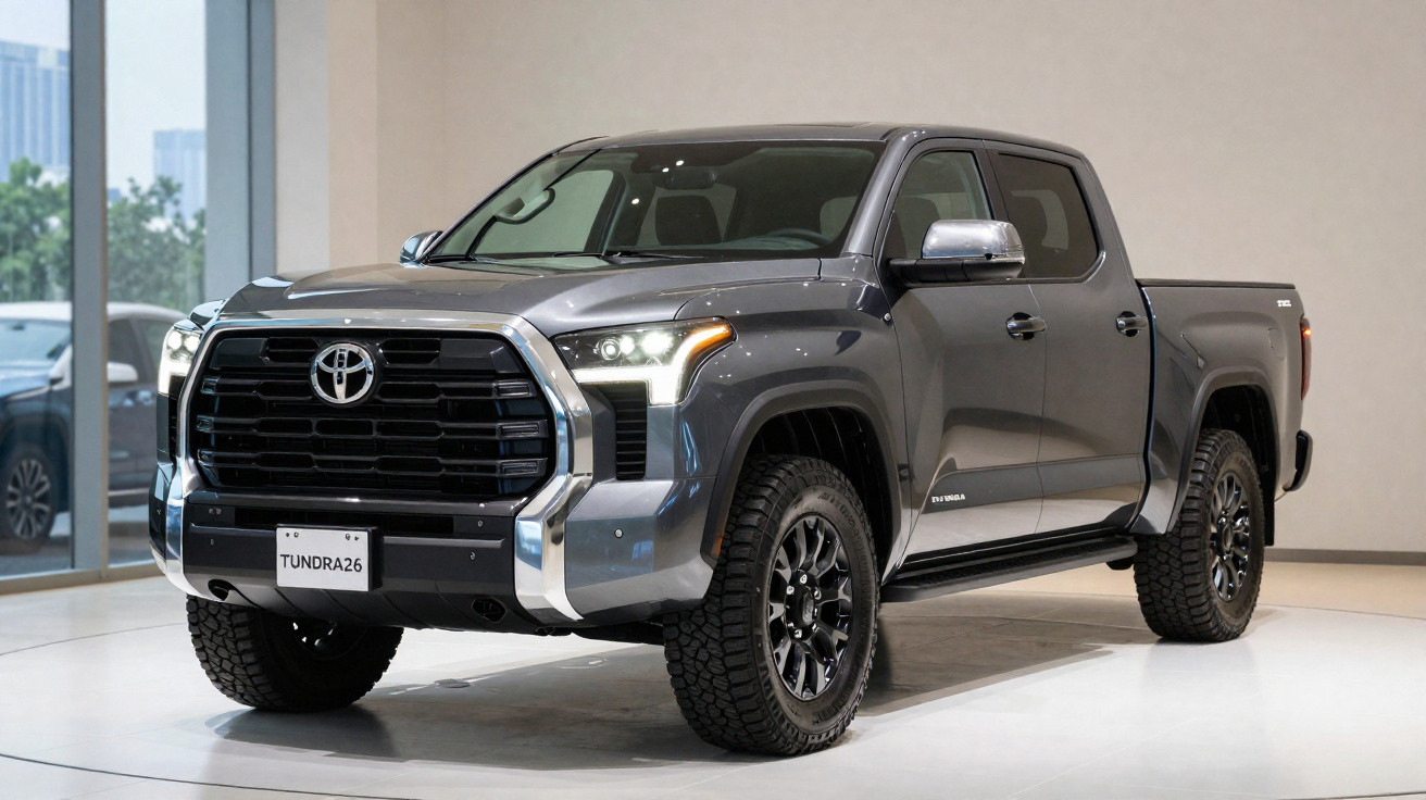 Picape Toyota Tundra cinza estacionada em ambiente interno com iluminação clara.