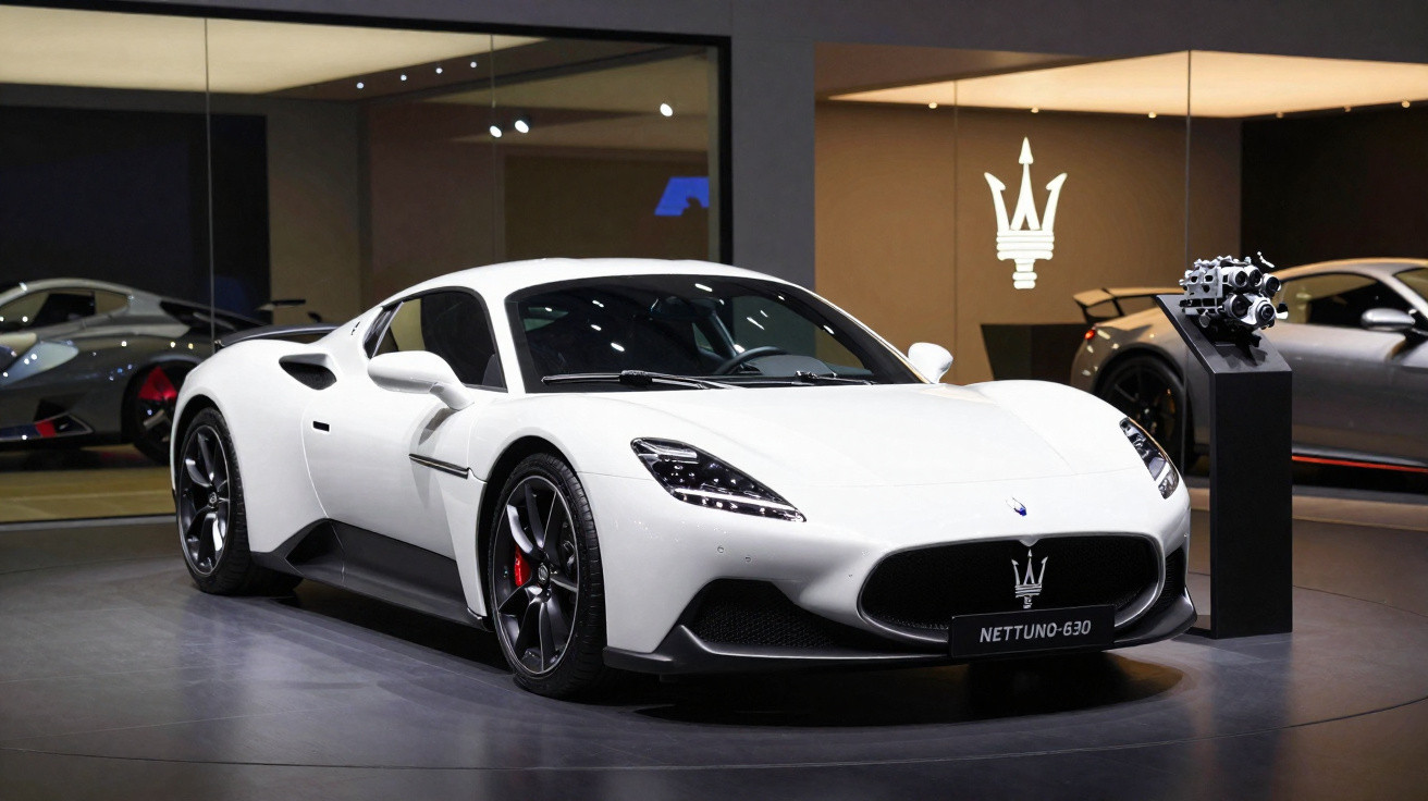 Carro esportivo branco Maserati Nettuno 630 exibido em ambiente interno com logo da marca ao fundo.