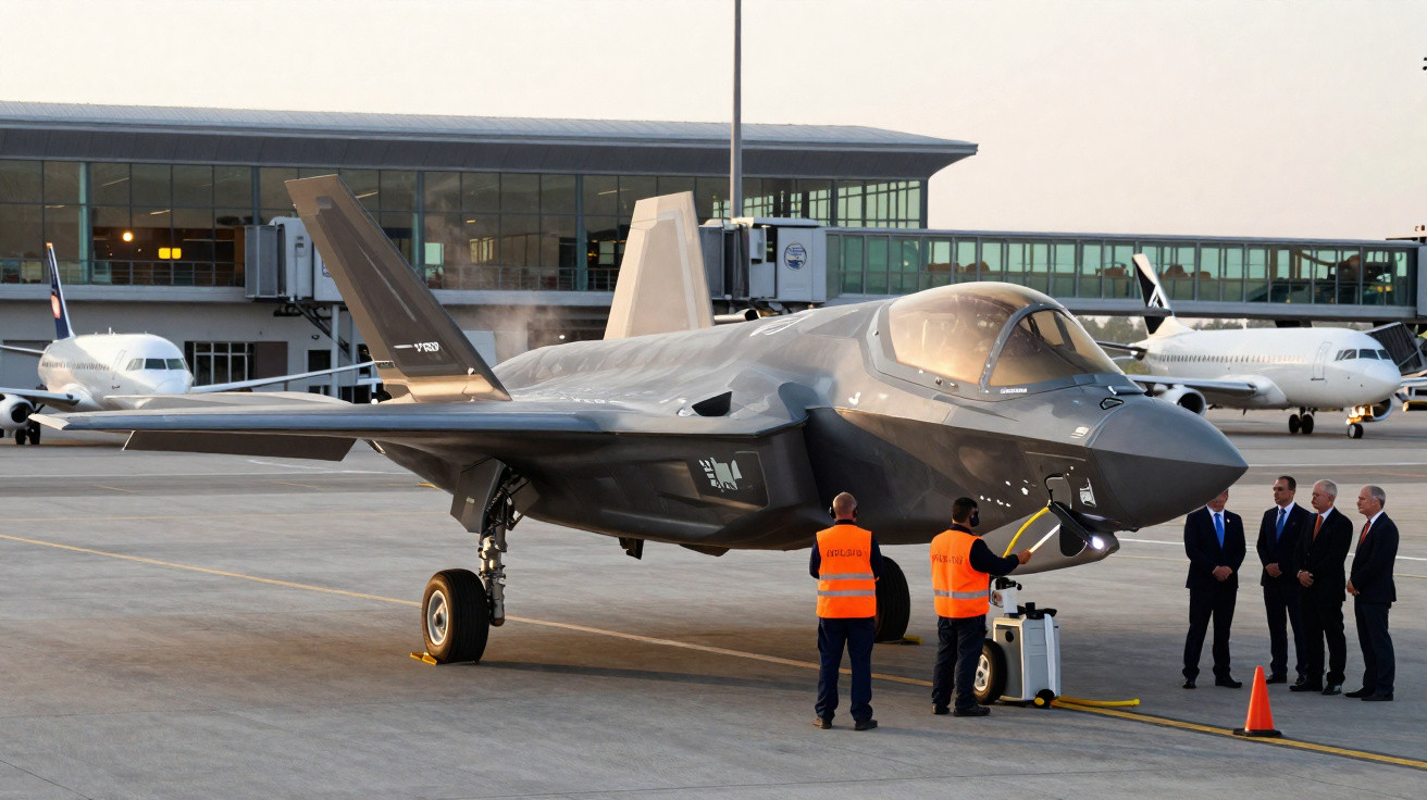 Caça furtivo F-35 estacionado no aeroporto com técnicos e cinco pessoas em terno observando.