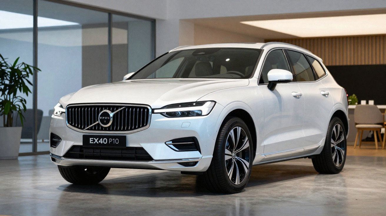 Carro Volvo branco modelo EX40 P10 estacionado em ambiente interno moderno.
