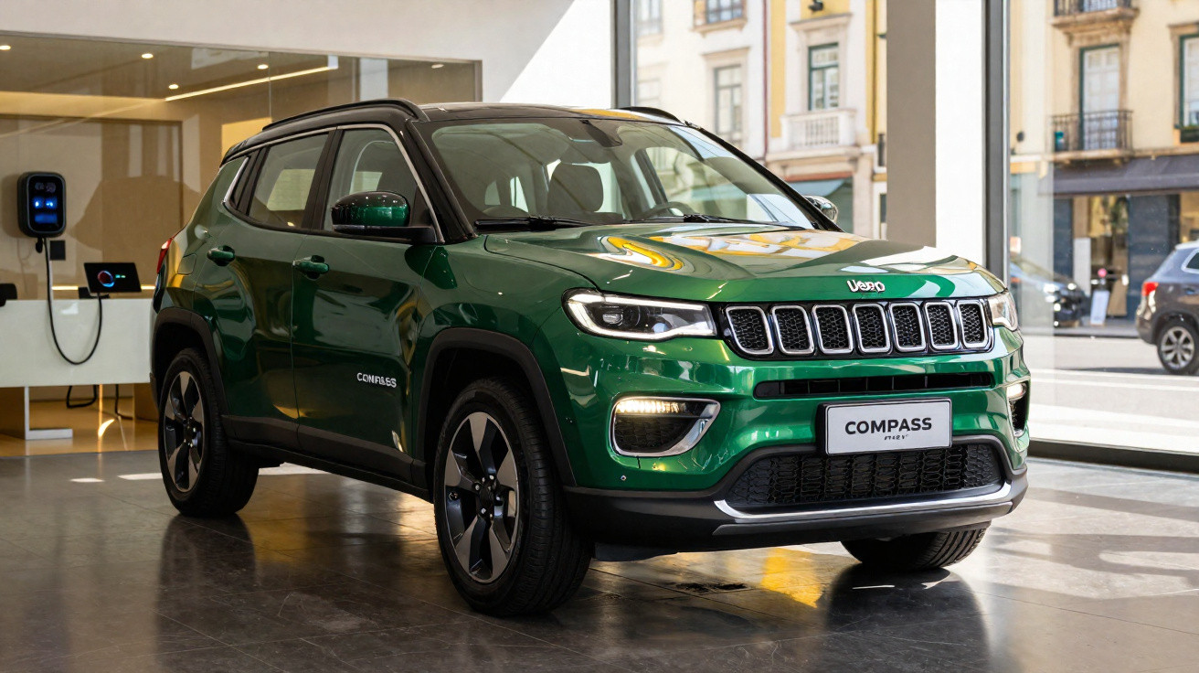 SUV Jeep Compass verde estacionado em showroom moderno com parede de vidro e estação de recarga elétrica.